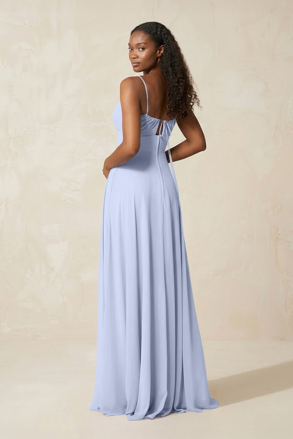 A - Line Ruched Chiffon Spaghetti Strap Bridesmaid Dress in Ice - KissProm Bridesmaid Dresses