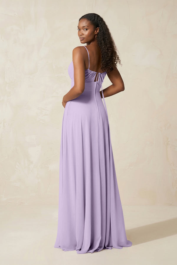 A - Line Ruched Chiffon Spaghetti Strap Bridesmaid Dress in Lavender - KissProm Bridesmaid Dresses
