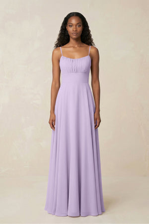 A - Line Ruched Chiffon Spaghetti Strap Bridesmaid Dress in Lavender - KissProm Bridesmaid Dresses