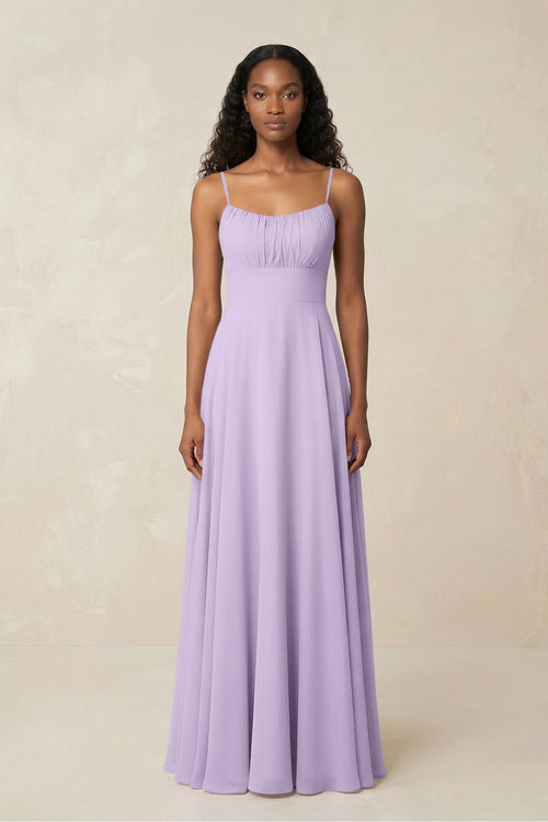 A - Line Ruched Chiffon Spaghetti Strap Bridesmaid Dress in Lavender - KissProm Bridesmaid Dresses