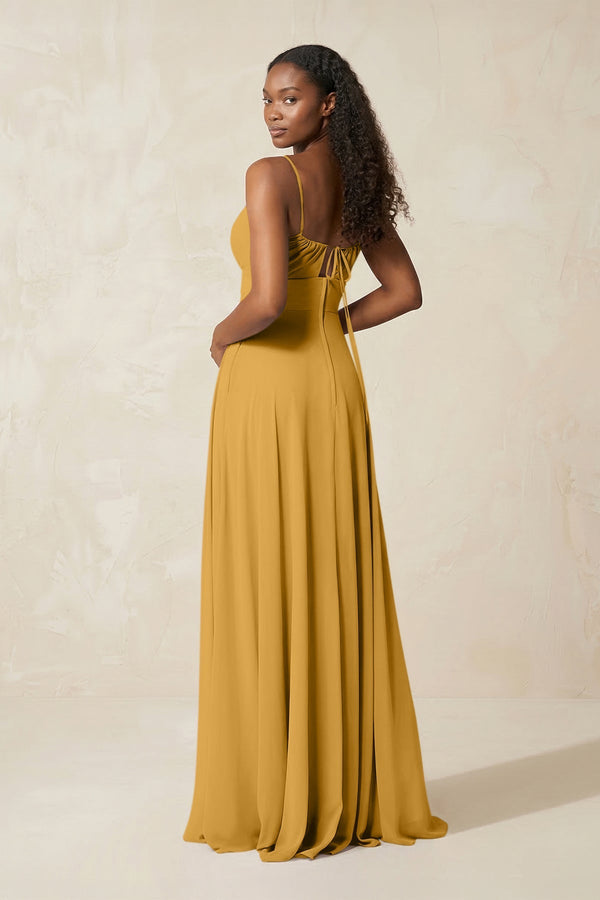 A - Line Ruched Chiffon Spaghetti Strap Bridesmaid Dress in Marigold - KissProm Bridesmaid Dresses