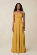 A - Line Ruched Chiffon Spaghetti Strap Bridesmaid Dress in Marigold - KissProm Bridesmaid Dresses