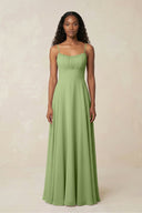 A - Line Ruched Chiffon Spaghetti Strap Bridesmaid Dress in Matcha - KissProm Bridesmaid Dresses