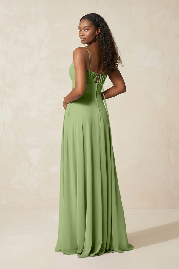 A - Line Ruched Chiffon Spaghetti Strap Bridesmaid Dress in Matcha - KissProm Bridesmaid Dresses