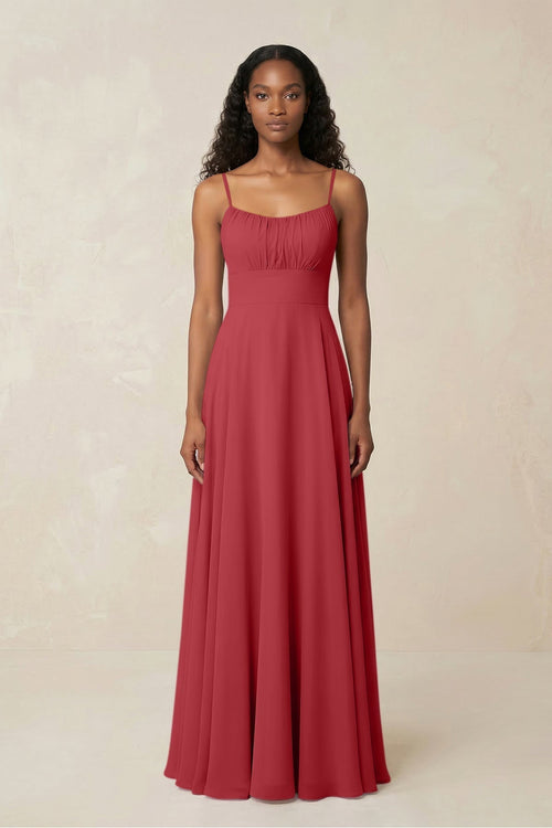 A - Line Ruched Chiffon Spaghetti Strap Bridesmaid Dress in Merlot - KissProm Bridesmaid Dresses