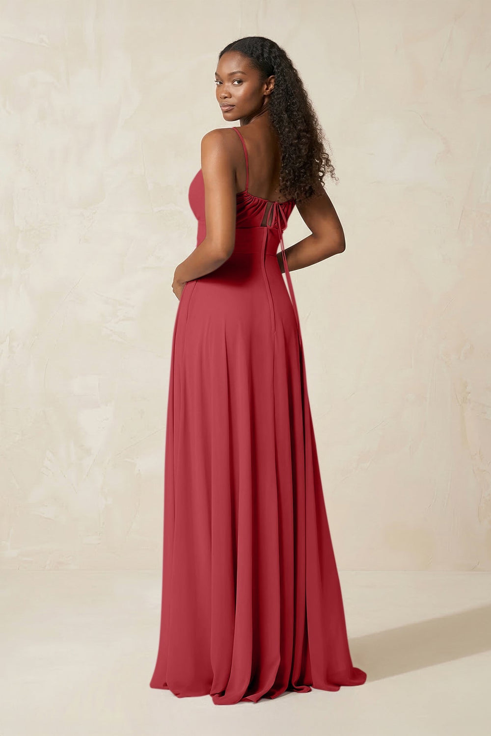 A - Line Ruched Chiffon Spaghetti Strap Bridesmaid Dress in Merlot - KissProm Bridesmaid Dresses
