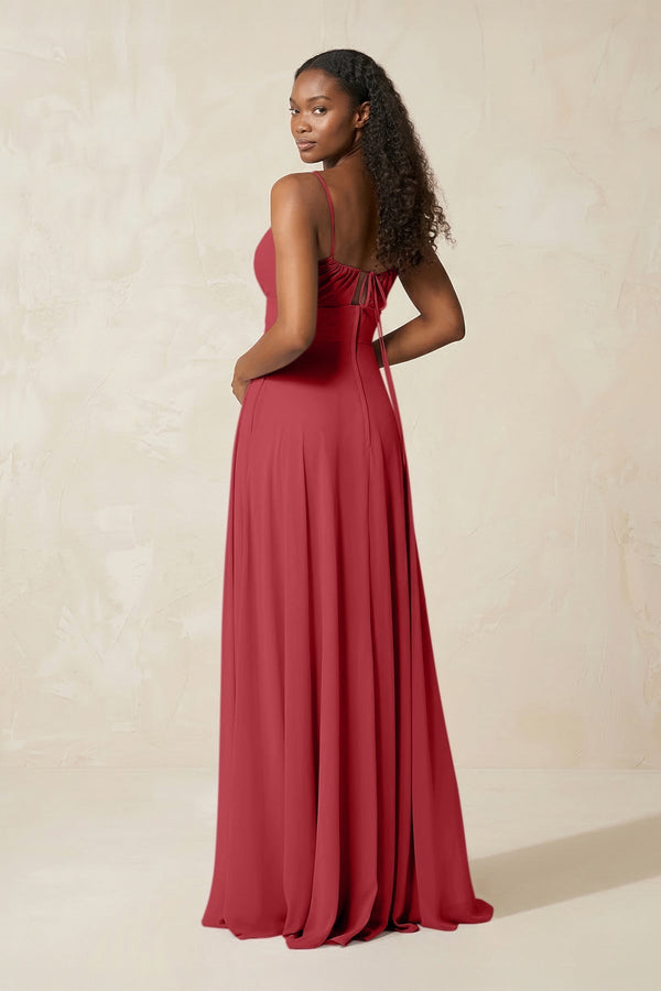 A - Line Ruched Chiffon Spaghetti Strap Bridesmaid Dress in Merlot - KissProm Bridesmaid Dresses