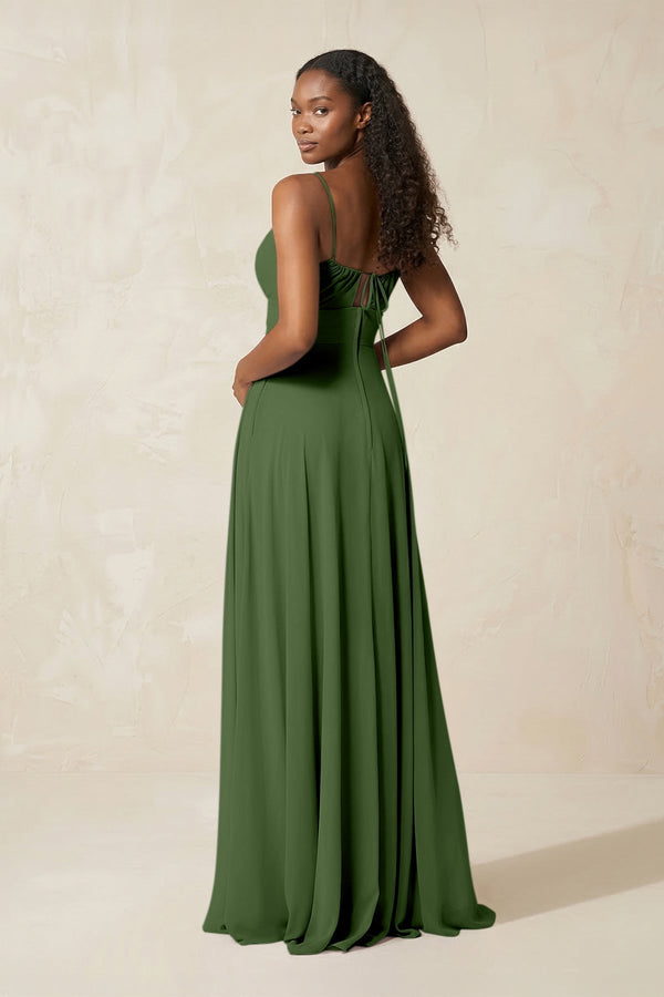 A - Line Ruched Chiffon Spaghetti Strap Bridesmaid Dress in Moss - KissProm Bridesmaid Dresses
