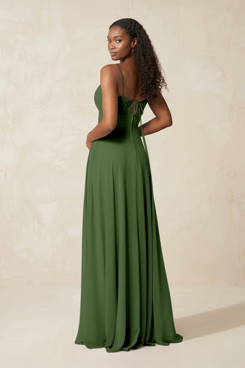 A - Line Ruched Chiffon Spaghetti Strap Bridesmaid Dress in Moss - KissProm Bridesmaid Dresses