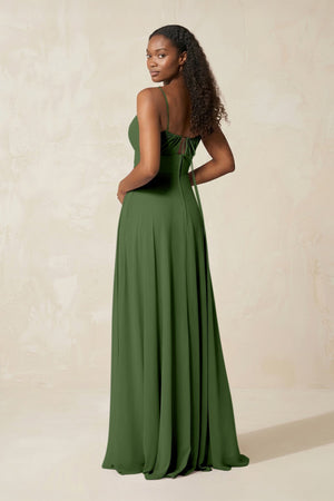 A - Line Ruched Chiffon Spaghetti Strap Bridesmaid Dress in Moss - KissProm Bridesmaid Dresses
