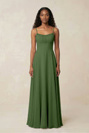 A - Line Ruched Chiffon Spaghetti Strap Bridesmaid Dress in Moss - KissProm Bridesmaid Dresses