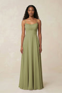 A - Line Ruched Chiffon Spaghetti Strap Bridesmaid Dress in Moss Green - KissProm Bridesmaid Dresses