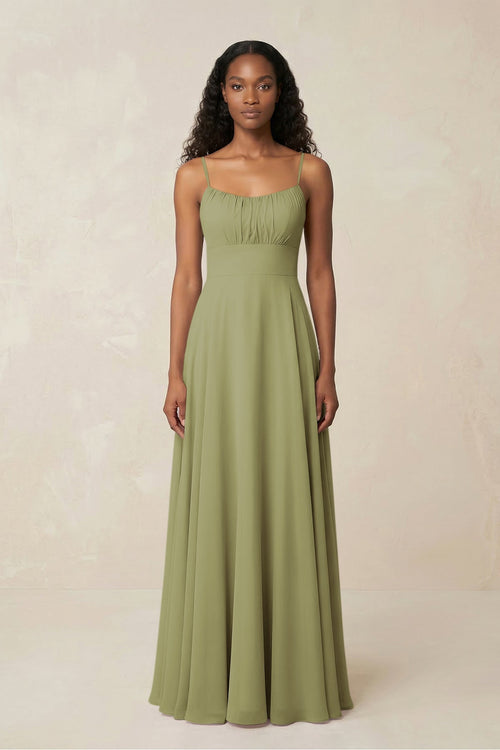 A - Line Ruched Chiffon Spaghetti Strap Bridesmaid Dress in Moss Green - KissProm Bridesmaid Dresses