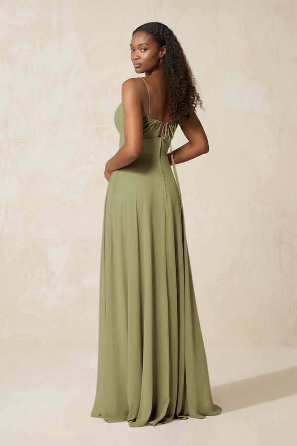 A - Line Ruched Chiffon Spaghetti Strap Bridesmaid Dress in Moss Green - KissProm Bridesmaid Dresses