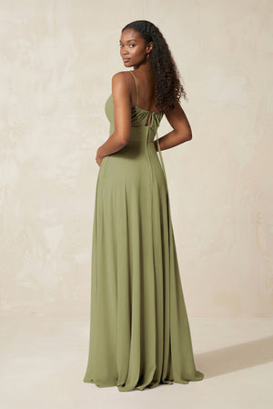A - Line Ruched Chiffon Spaghetti Strap Bridesmaid Dress in Moss Green - KissProm Bridesmaid Dresses