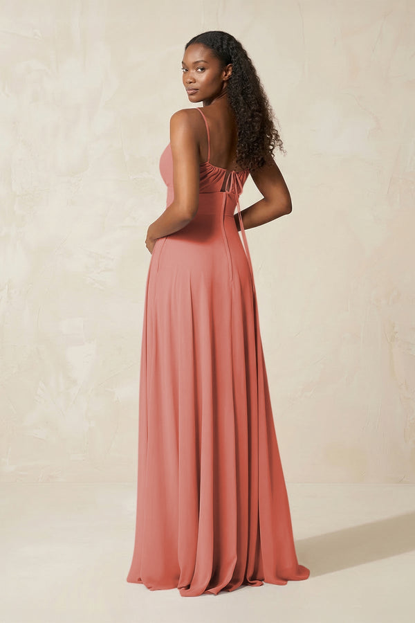 A - Line Ruched Chiffon Spaghetti Strap Bridesmaid Dress in Mulberry - KissProm Bridesmaid Dresses