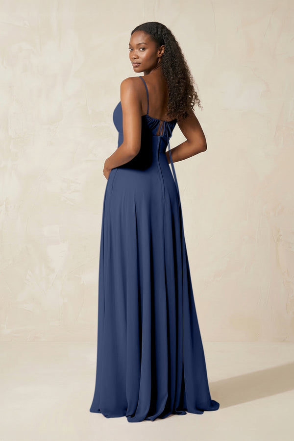 A - Line Ruched Chiffon Spaghetti Strap Bridesmaid Dress in Navy - KissProm Bridesmaid Dresses