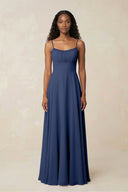 A - Line Ruched Chiffon Spaghetti Strap Bridesmaid Dress in Navy - KissProm Bridesmaid Dresses