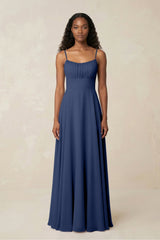 A - Line Ruched Chiffon Spaghetti Strap Bridesmaid Dress in Navy - KissProm Bridesmaid Dresses