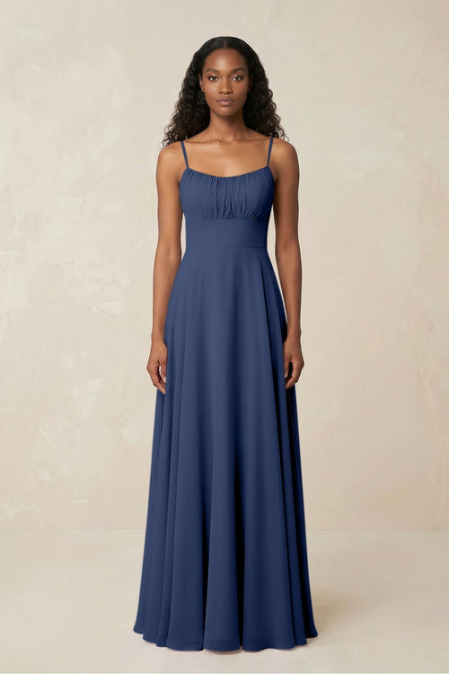 A - Line Ruched Chiffon Spaghetti Strap Bridesmaid Dress in Navy - KissProm Bridesmaid Dresses