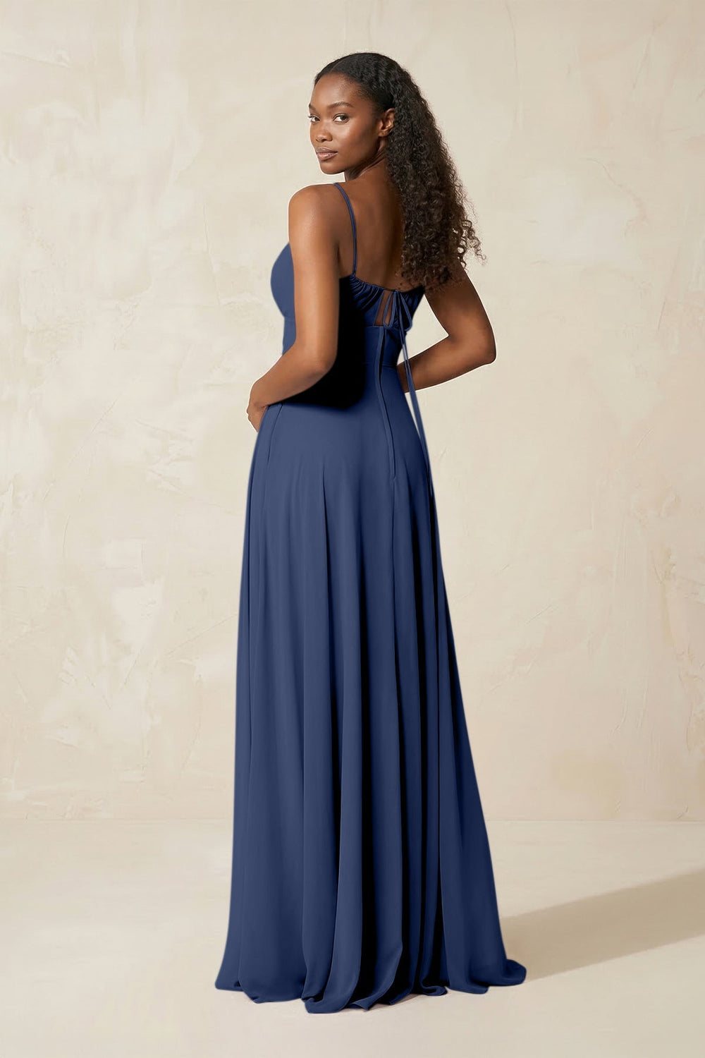A - Line Ruched Chiffon Spaghetti Strap Bridesmaid Dress in Navy - KissProm Bridesmaid Dresses