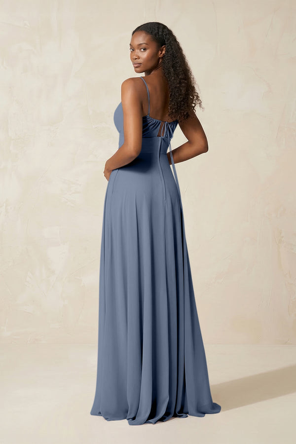 A - Line Ruched Chiffon Spaghetti Strap Bridesmaid Dress in Neptune - KissProm Bridesmaid Dresses