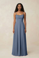 A - Line Ruched Chiffon Spaghetti Strap Bridesmaid Dress in Neptune - KissProm Bridesmaid Dresses