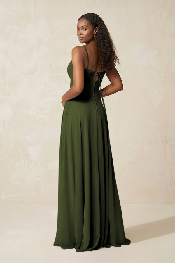 A - Line Ruched Chiffon Spaghetti Strap Bridesmaid Dress in Olive - KissProm Bridesmaid Dresses