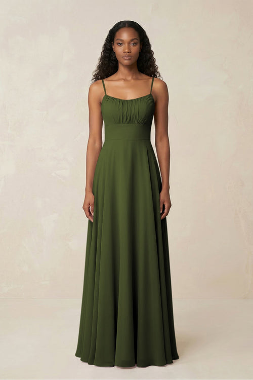 A - Line Ruched Chiffon Spaghetti Strap Bridesmaid Dress in Olive - KissProm Bridesmaid Dresses