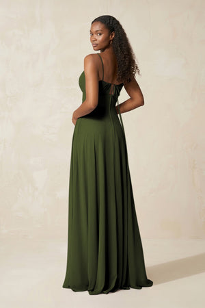 A - Line Ruched Chiffon Spaghetti Strap Bridesmaid Dress in Olive - KissProm Bridesmaid Dresses