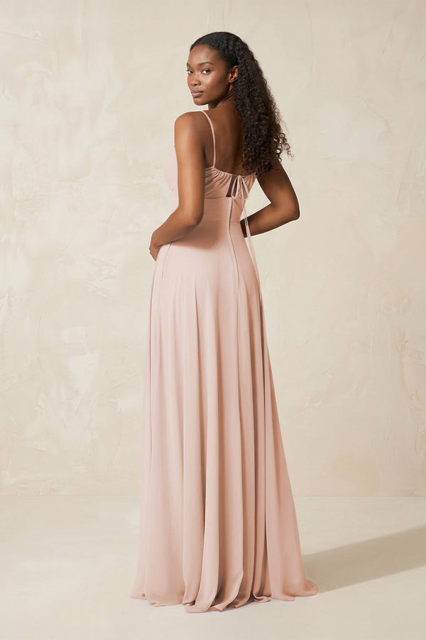 A - Line Ruched Chiffon Spaghetti Strap Bridesmaid Dress in Pale Blush - KissProm Bridesmaid Dresses
