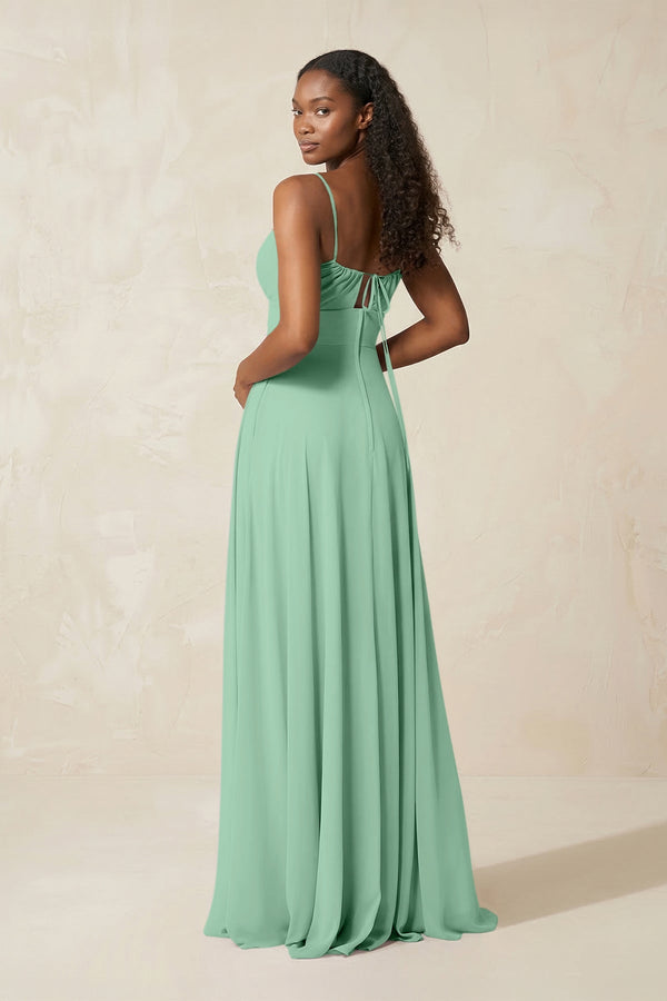 A-Line Ruched Chiffon Spaghetti Strap Bridesmaid Dress in Pale Pistachio - KissProm BRIDESMAID DRESSES