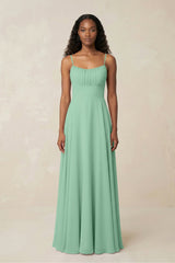 A-Line Ruched Chiffon Spaghetti Strap Bridesmaid Dress in Pale Pistachio - KissProm BRIDESMAID DRESSES