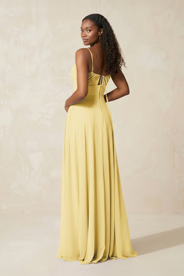 A - Line Ruched Chiffon Spaghetti Strap Bridesmaid Dress in Pastel Yellow - KissProm Bridesmaid Dresses
