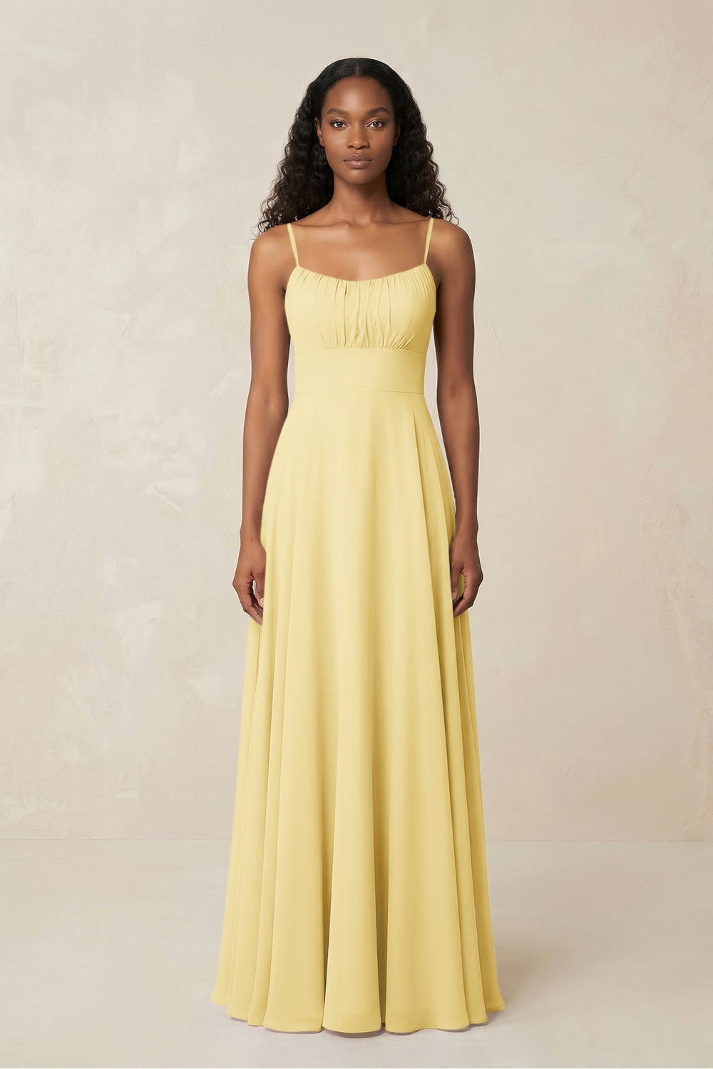 A - Line Ruched Chiffon Spaghetti Strap Bridesmaid Dress in Pastel Yellow - KissProm Bridesmaid Dresses