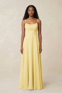 A - Line Ruched Chiffon Spaghetti Strap Bridesmaid Dress in Pastel Yellow - KissProm Bridesmaid Dresses