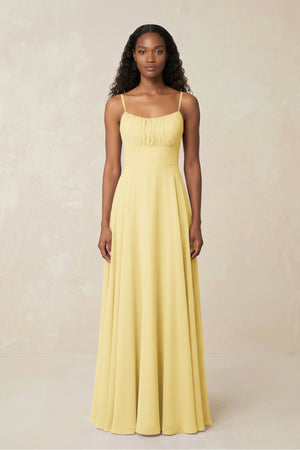 A - Line Ruched Chiffon Spaghetti Strap Bridesmaid Dress in Pastel Yellow - KissProm Bridesmaid Dresses