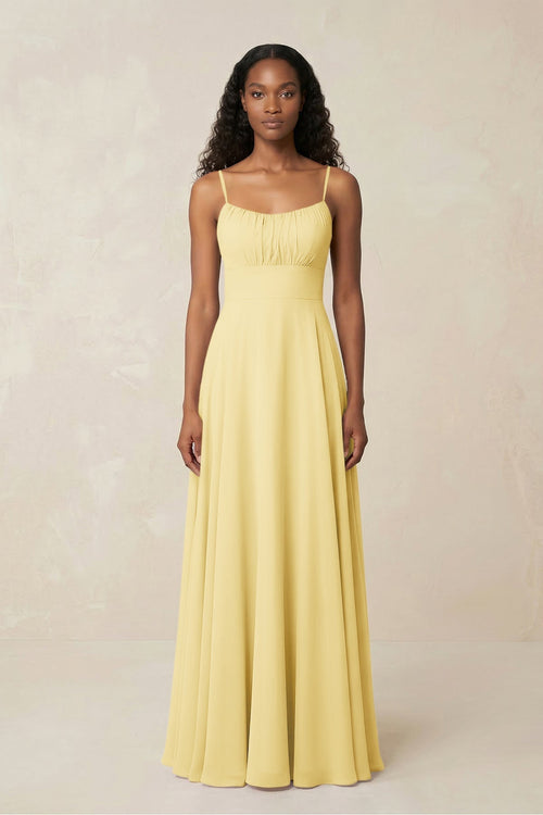 A - Line Ruched Chiffon Spaghetti Strap Bridesmaid Dress in Pastel Yellow - KissProm Bridesmaid Dresses