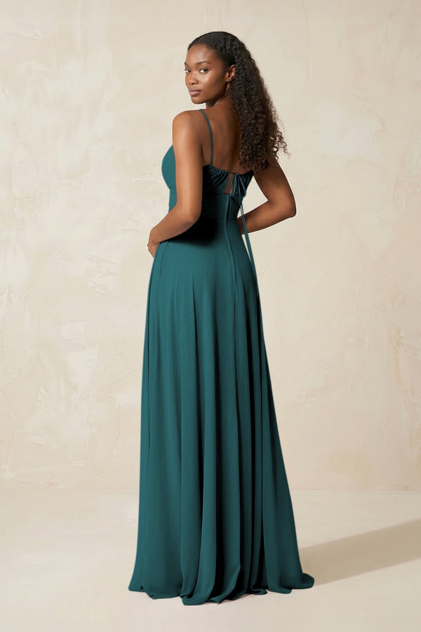 A - Line Ruched Chiffon Spaghetti Strap Bridesmaid Dress in Pine - KissProm Bridesmaid Dresses