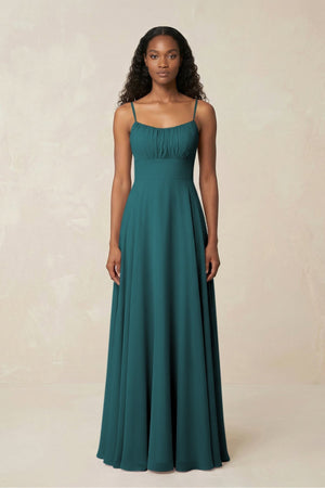 A - Line Ruched Chiffon Spaghetti Strap Bridesmaid Dress in Pine - KissProm Bridesmaid Dresses