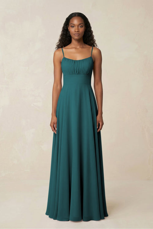A - Line Ruched Chiffon Spaghetti Strap Bridesmaid Dress in Pine - KissProm Bridesmaid Dresses