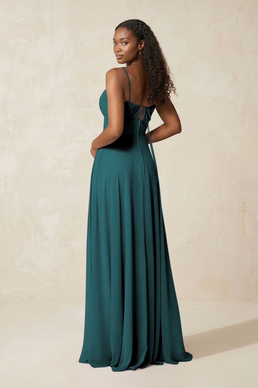A - Line Ruched Chiffon Spaghetti Strap Bridesmaid Dress in Pine - KissProm Bridesmaid Dresses