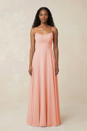 A - Line Ruched Chiffon Spaghetti Strap Bridesmaid Dress in Rose Petal - KissProm Bridesmaid Dresses