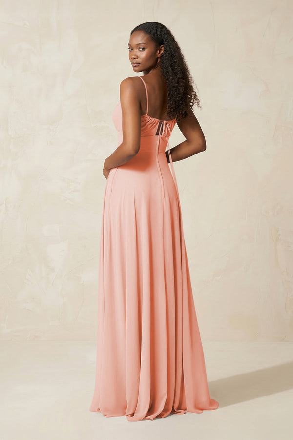 A - Line Ruched Chiffon Spaghetti Strap Bridesmaid Dress in Rose Petal - KissProm Bridesmaid Dresses