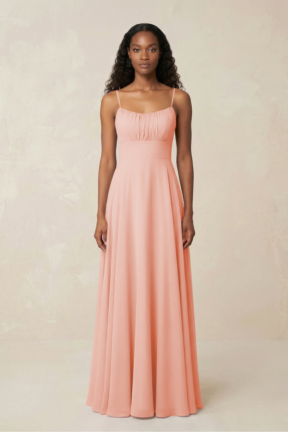 A - Line Ruched Chiffon Spaghetti Strap Bridesmaid Dress in Rose Petal - KissProm Bridesmaid Dresses