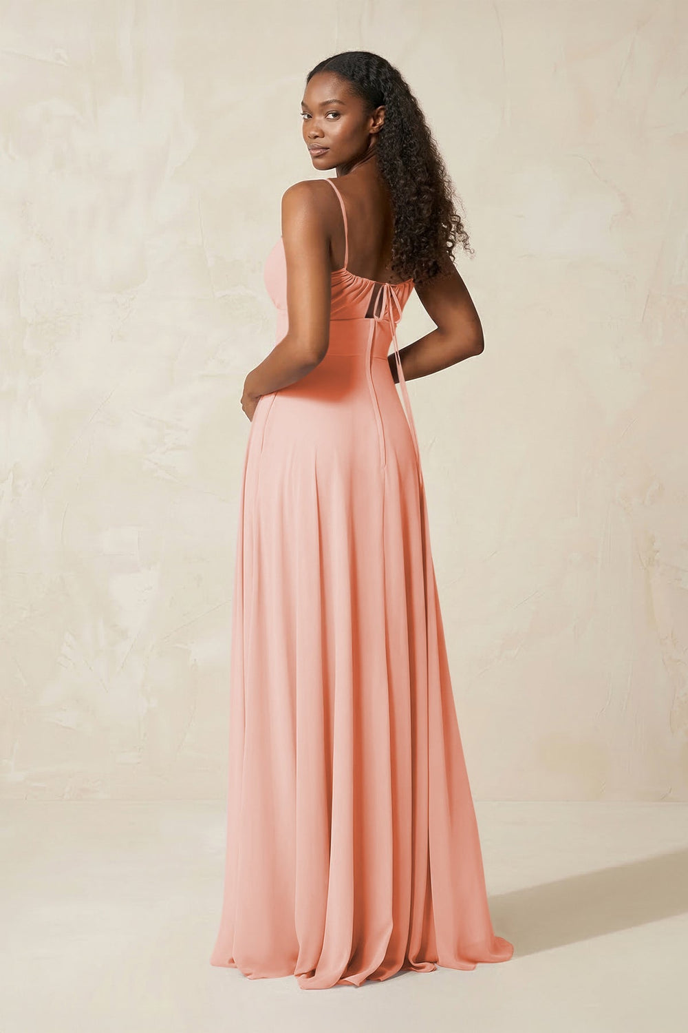 A - Line Ruched Chiffon Spaghetti Strap Bridesmaid Dress in Rose Petal - KissProm Bridesmaid Dresses