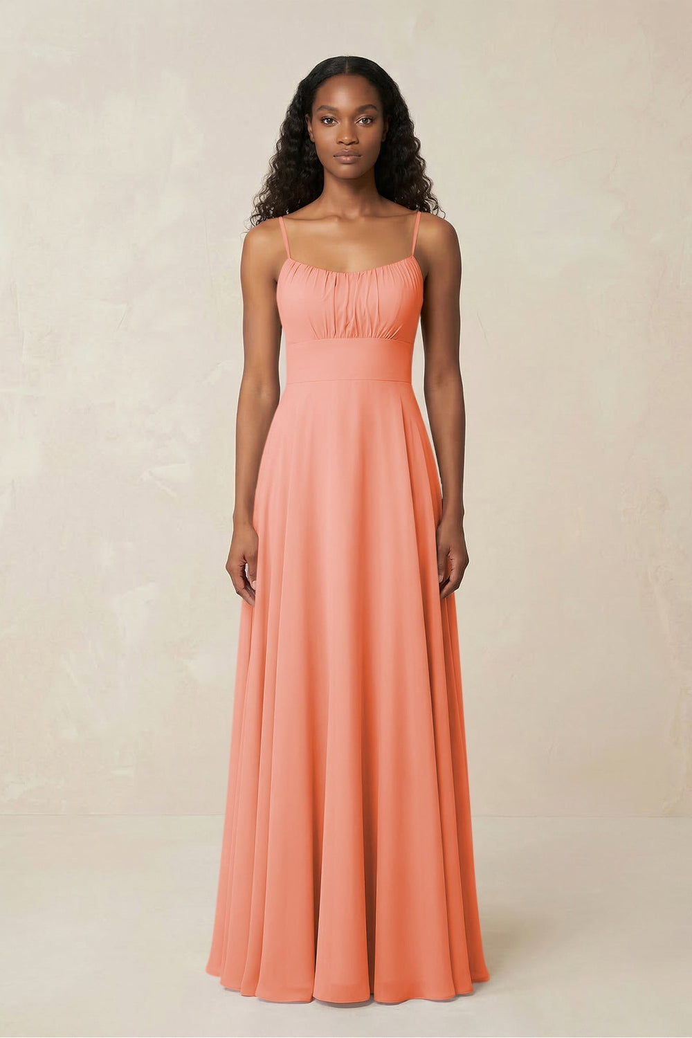 A - Line Ruched Chiffon Spaghetti Strap Bridesmaid Dress in Rosette - KissProm Bridesmaid Dresses