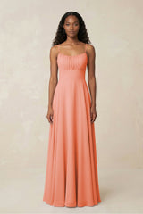 A - Line Ruched Chiffon Spaghetti Strap Bridesmaid Dress in Rosette - KissProm Bridesmaid Dresses