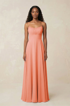 A - Line Ruched Chiffon Spaghetti Strap Bridesmaid Dress in Rosette - KissProm Bridesmaid Dresses