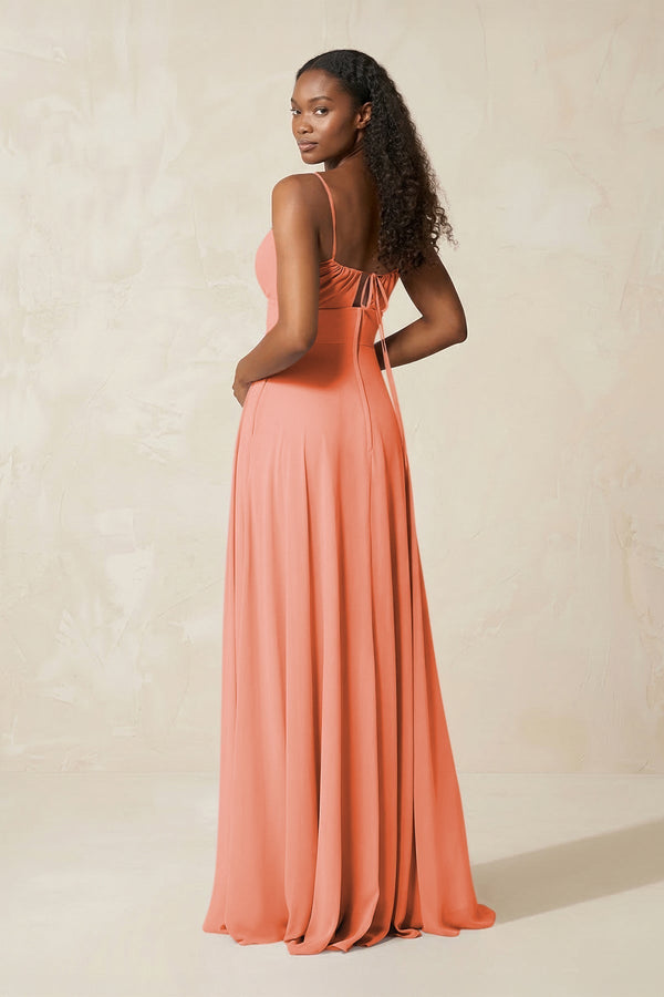 A - Line Ruched Chiffon Spaghetti Strap Bridesmaid Dress in Rosette - KissProm Bridesmaid Dresses